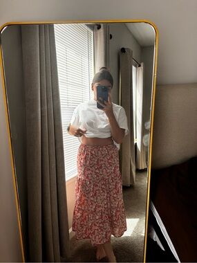 LOFT Red Floral Tiered Midi Skirt